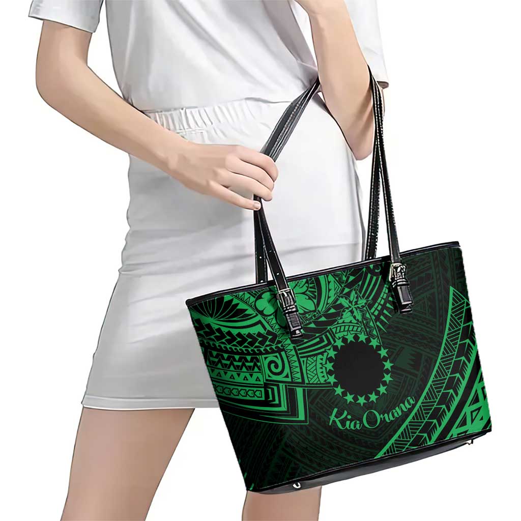 Kia Orana Cook Islands Leather Tote Bag Circle Stars With Floral Green Pattern LT01