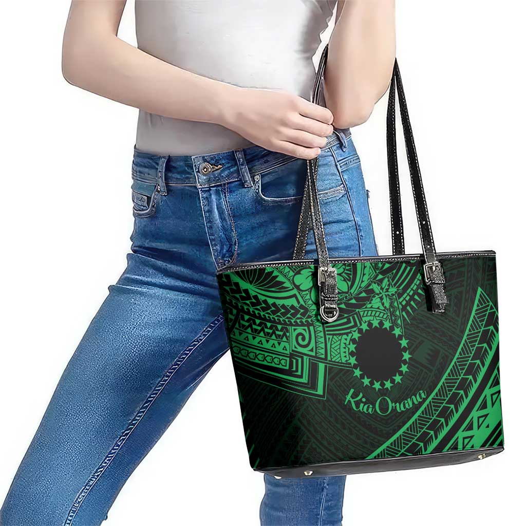 Kia Orana Cook Islands Leather Tote Bag Circle Stars With Floral Green Pattern LT01