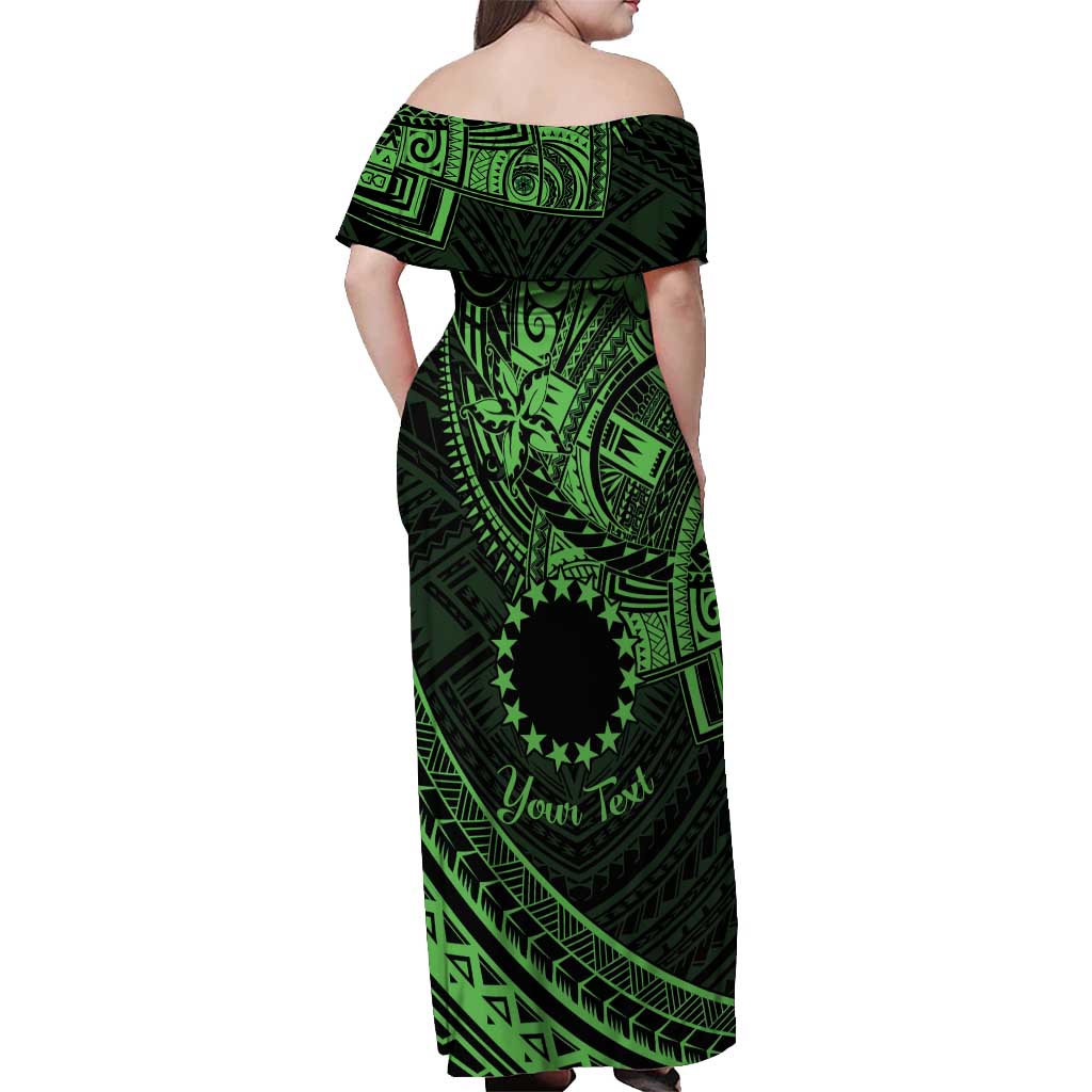 Kia Orana Cook Islands Off Shoulder Maxi Dress Circle Stars With Floral Green Pattern LT01
