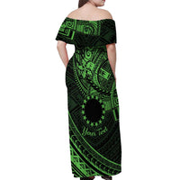 Kia Orana Cook Islands Off Shoulder Maxi Dress Circle Stars With Floral Green Pattern LT01