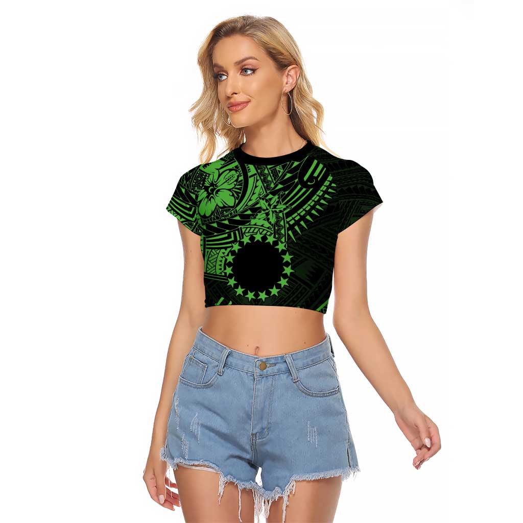Kia Orana Cook Islands Raglan Cropped T Shirt Circle Stars With Floral Green Pattern LT01