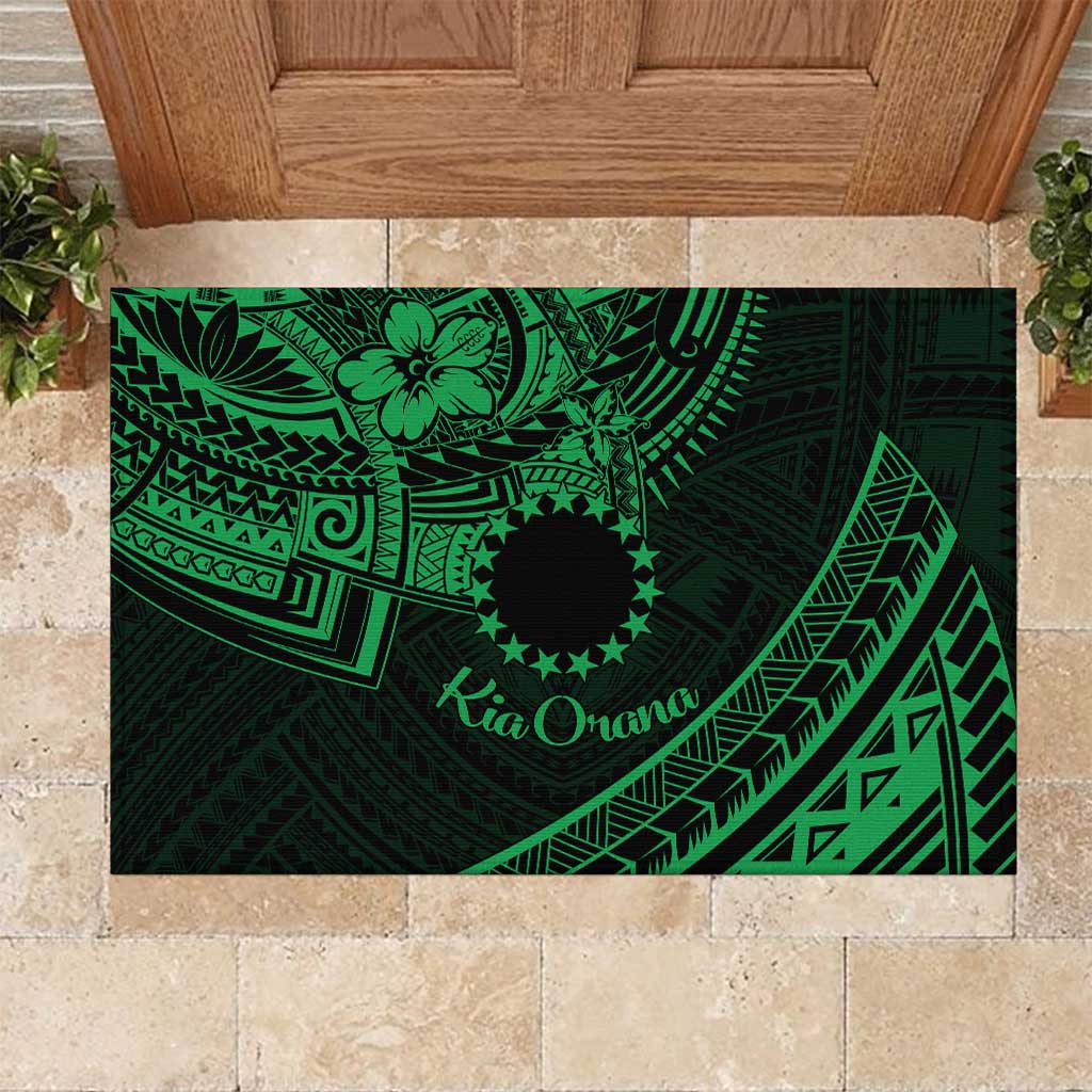 Kia Orana Cook Islands Rubber Doormat Circle Stars With Floral Green Pattern LT01