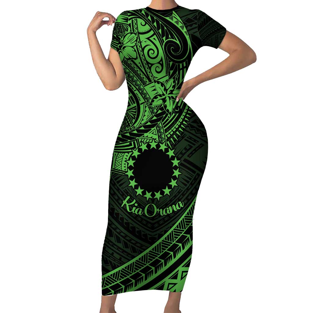 Kia Orana Cook Islands Short Sleeve Bodycon Dress Circle Stars With Floral Green Pattern LT01 Long Dress Green - Polynesian Pride