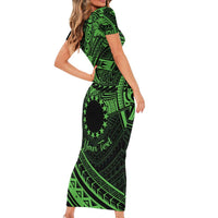 Kia Orana Cook Islands Short Sleeve Bodycon Dress Circle Stars With Floral Green Pattern LT01 - Polynesian Pride