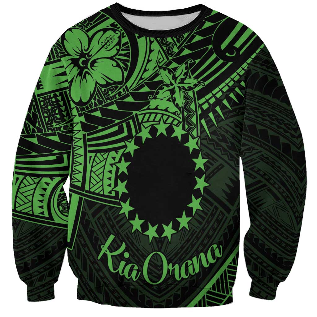Kia Orana Cook Islands Sweatshirt Circle Stars With Floral Green Pattern LT01