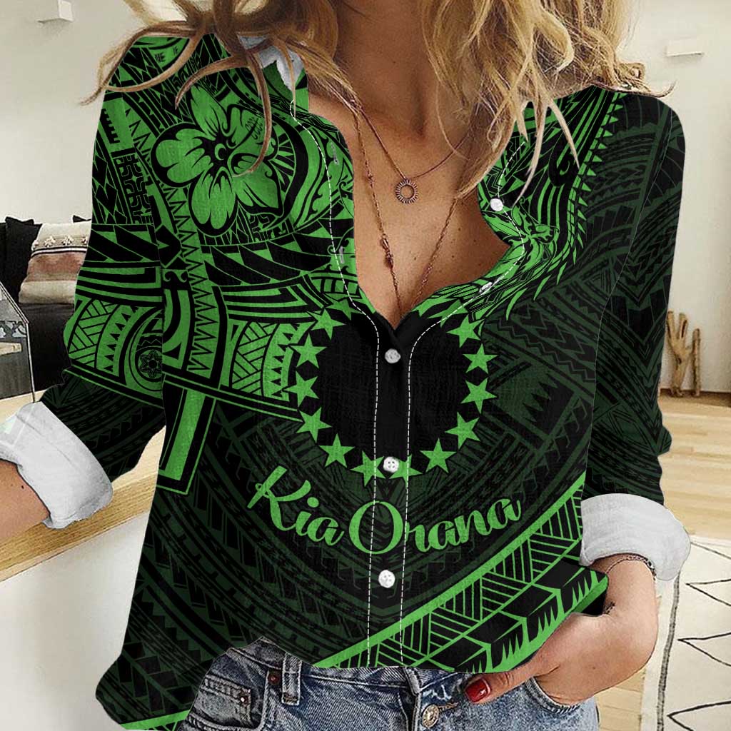 Kia Orana Cook Islands Women Casual Shirt Circle Stars With Floral Green Pattern LT01