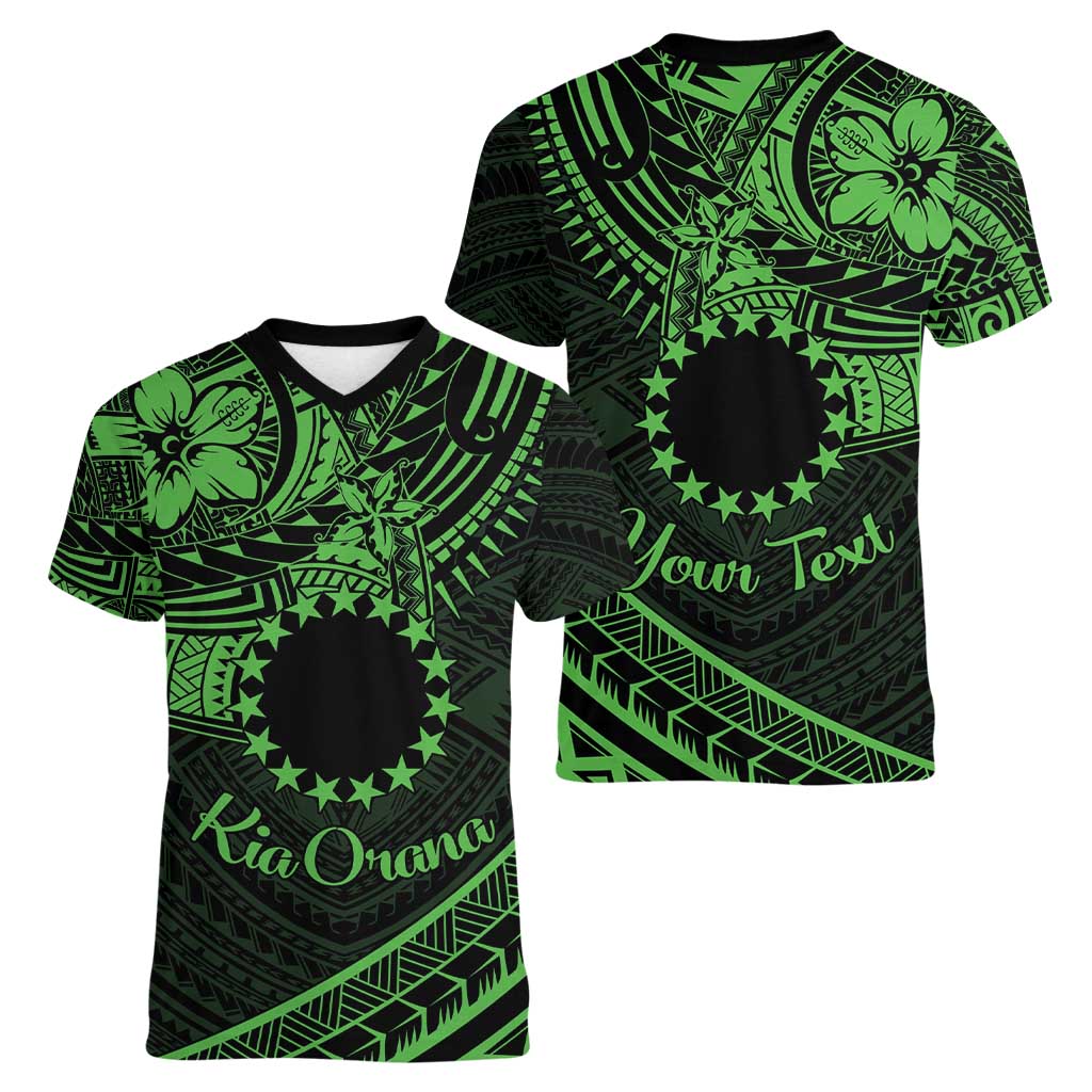 Kia Orana Cook Islands Women V Neck T Shirt Circle Stars With Floral Green Pattern LT01