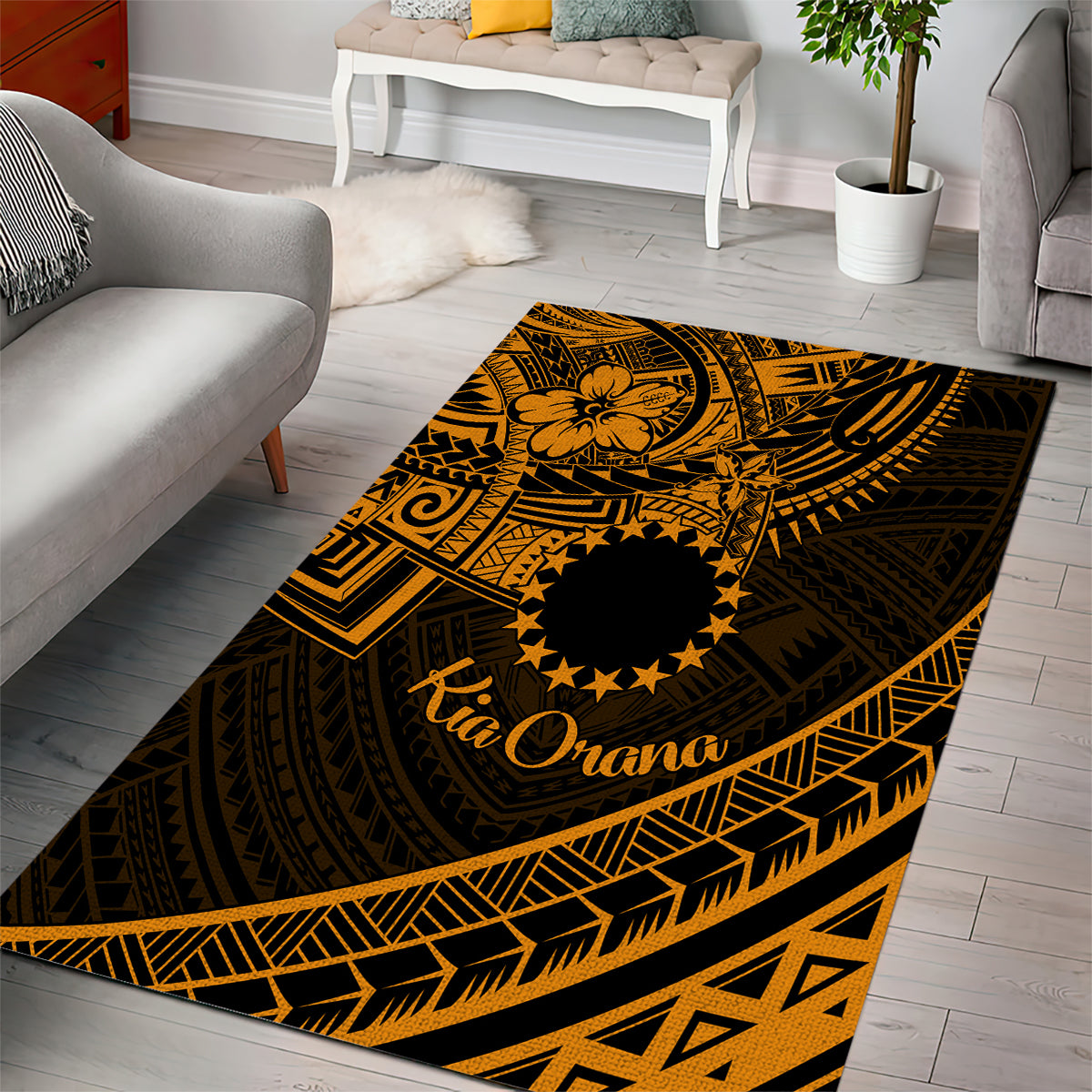 Kia Orana Cook Islands Area Rug Circle Stars With Floral Gold Pattern LT01 - Polynesian Pride