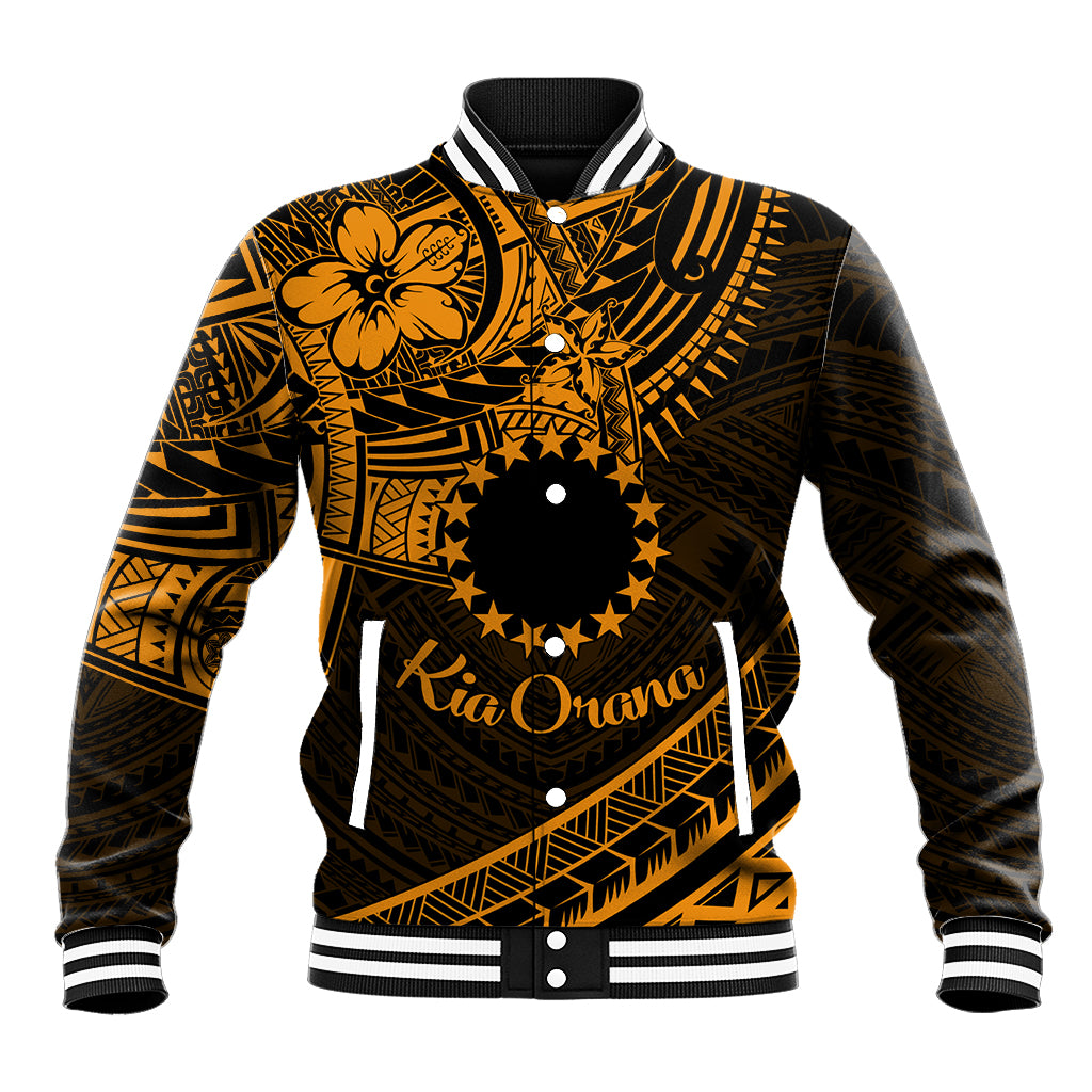 Kia Orana Cook Islands Baseball Jacket Circle Stars With Floral Gold Pattern LT01 Unisex Gold - Polynesian Pride