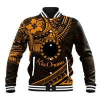 Kia Orana Cook Islands Baseball Jacket Circle Stars With Floral Gold Pattern LT01 Unisex Gold - Polynesian Pride