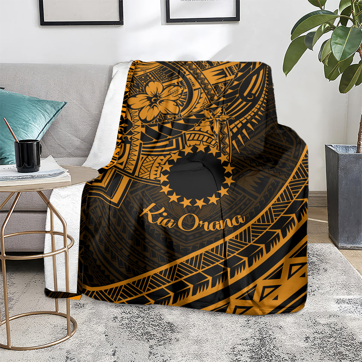 Kia Orana Cook Islands Blanket Circle Stars With Floral Gold Pattern LT01 - Polynesian Pride