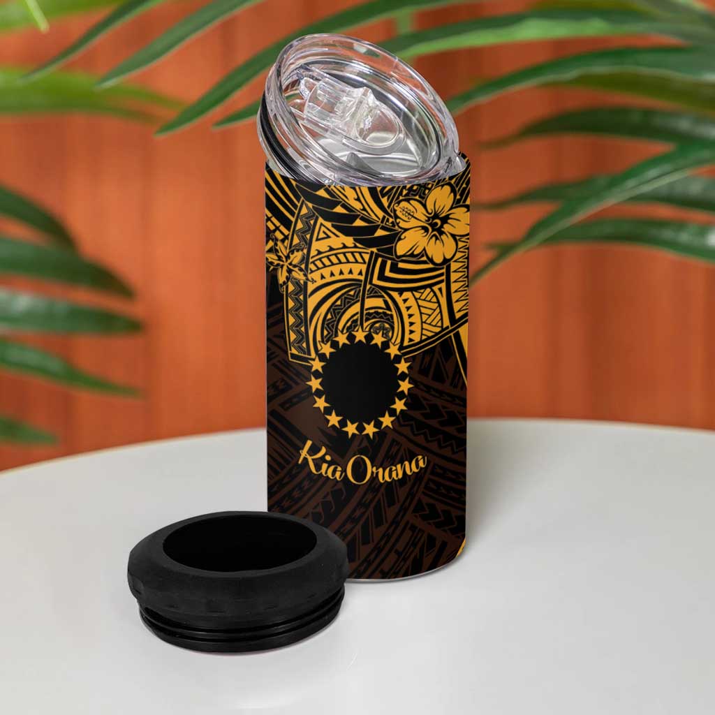 Kia Orana Cook Islands 4 in 1 Can Cooler Tumbler Circle Stars With Floral Gold Pattern