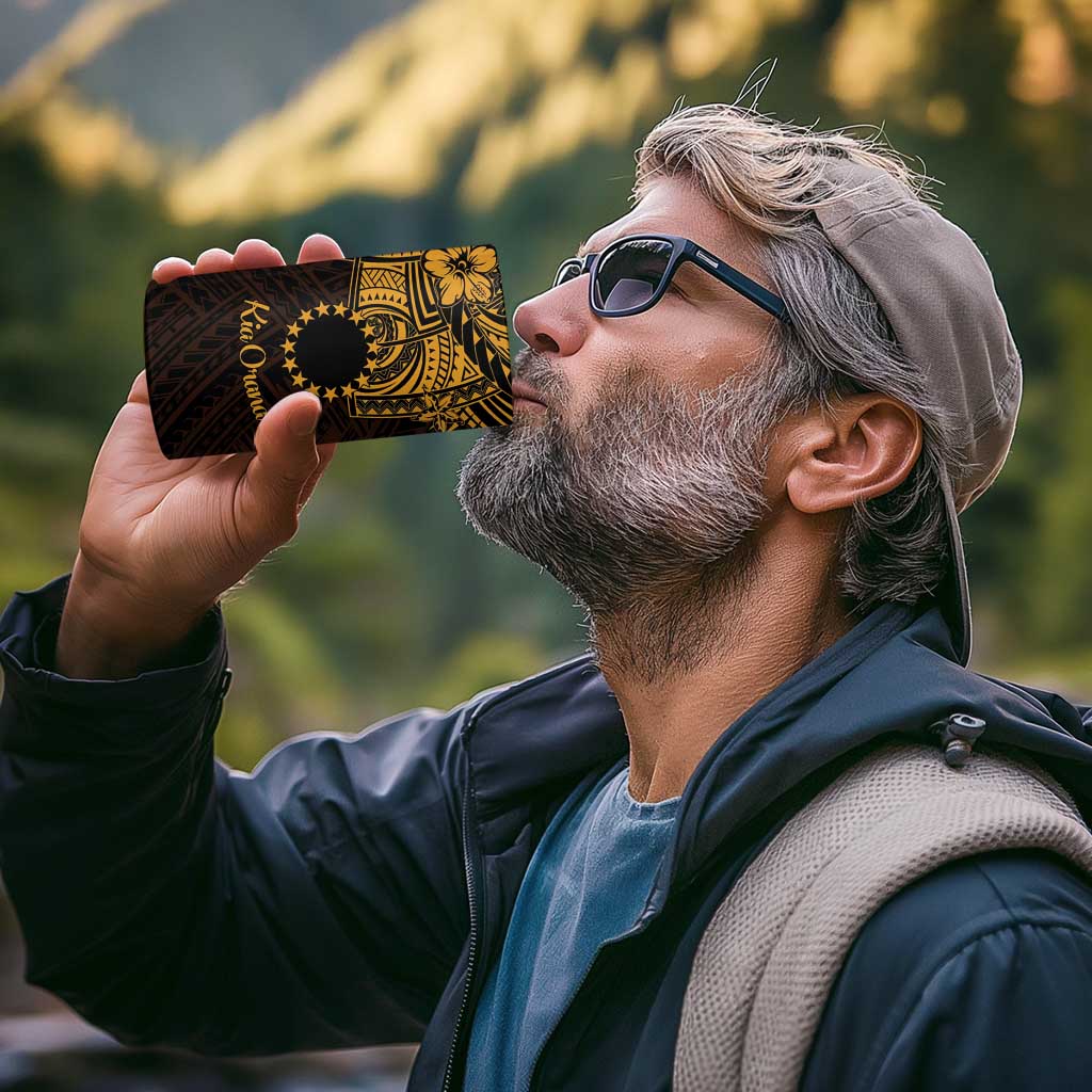 Kia Orana Cook Islands 4 in 1 Can Cooler Tumbler Circle Stars With Floral Gold Pattern