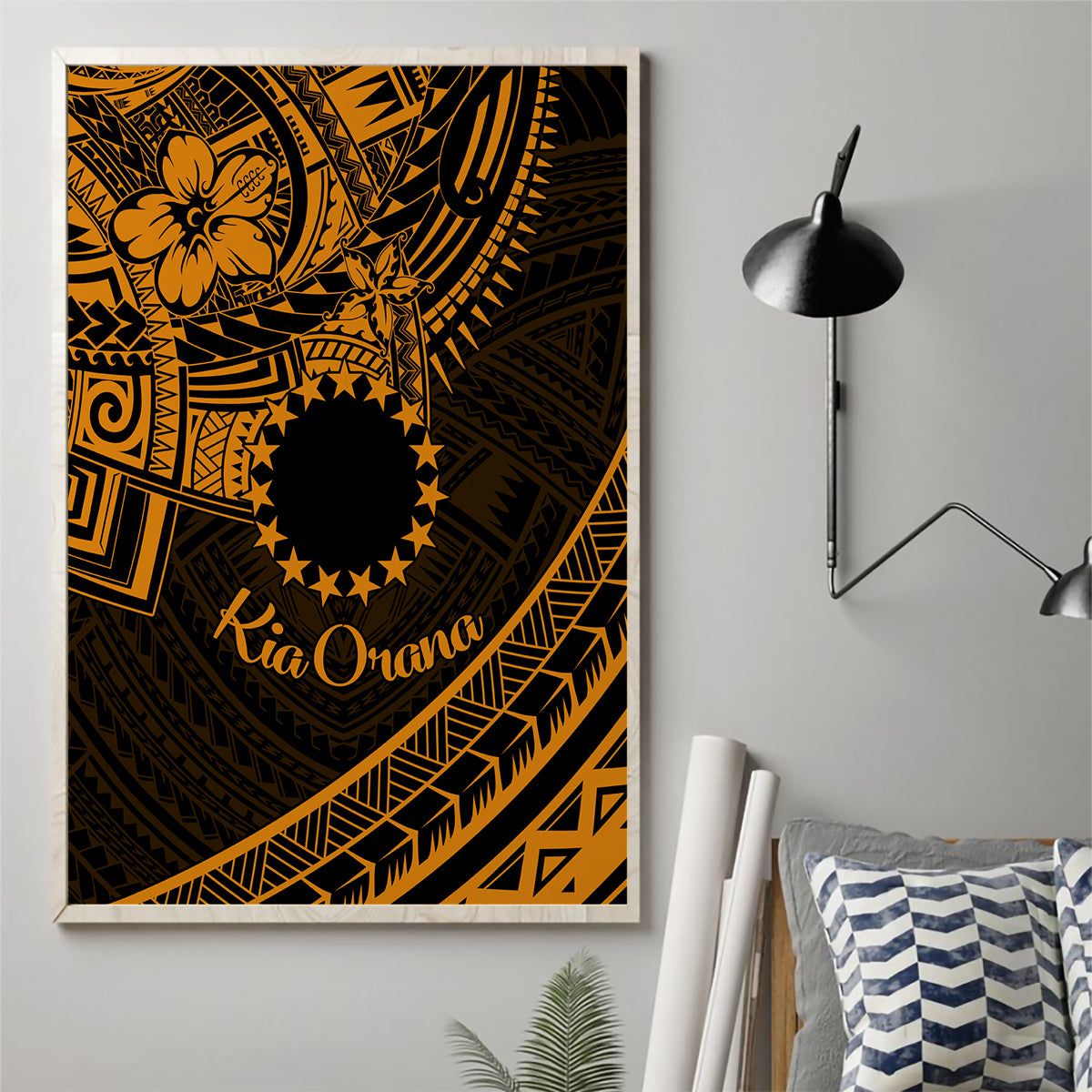 Kia Orana Cook Islands Canvas Wall Art Circle Stars With Floral Gold Pattern LT01 - Polynesian Pride