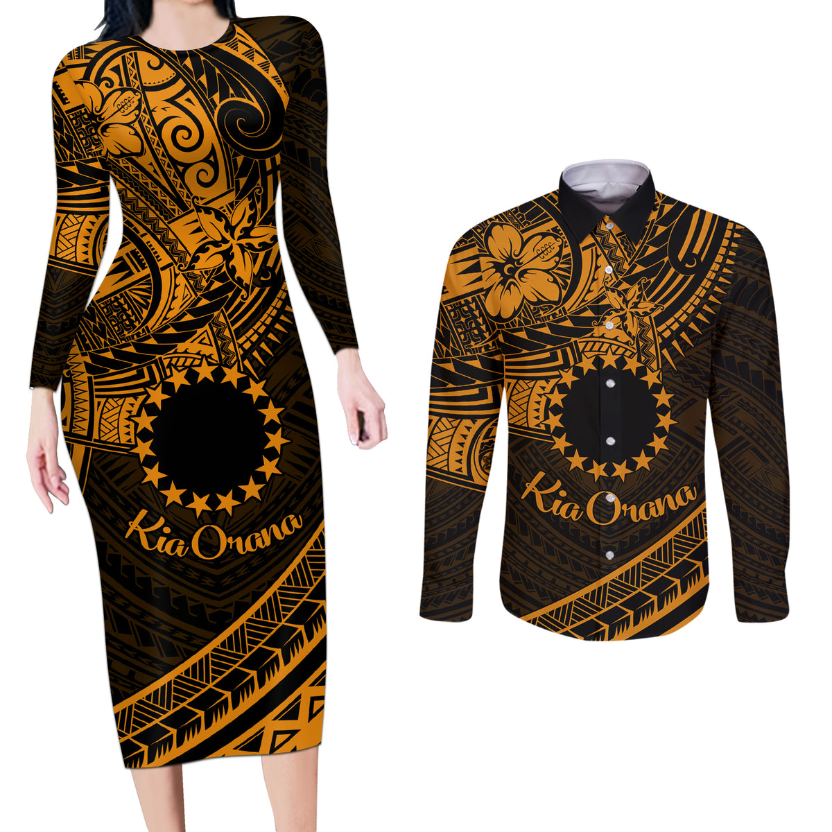 Kia Orana Cook Islands Couples Matching Long Sleeve Bodycon Dress and Long Sleeve Button Shirt Circle Stars With Floral Gold Pattern LT01 Gold - Polynesian Pride