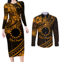 Kia Orana Cook Islands Couples Matching Long Sleeve Bodycon Dress and Long Sleeve Button Shirt Circle Stars With Floral Gold Pattern LT01 Gold - Polynesian Pride