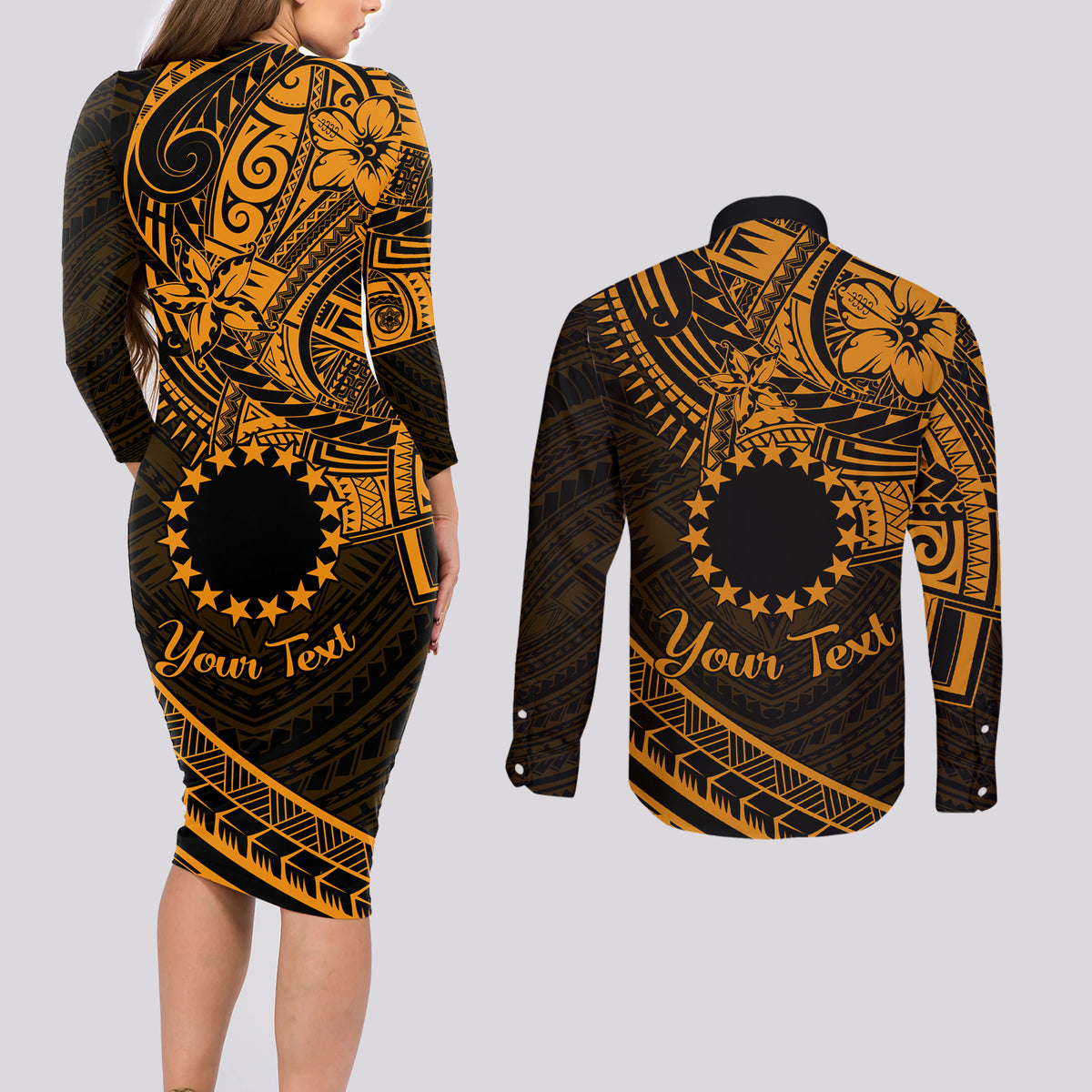 Kia Orana Cook Islands Couples Matching Long Sleeve Bodycon Dress and Long Sleeve Button Shirt Circle Stars With Floral Gold Pattern LT01 - Polynesian Pride