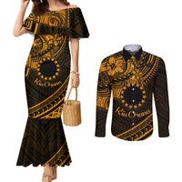 Kia Orana Cook Islands Couples Matching Mermaid Dress and Long Sleeve Button Shirt Circle Stars With Floral Gold Pattern LT01 Gold - Polynesian Pride