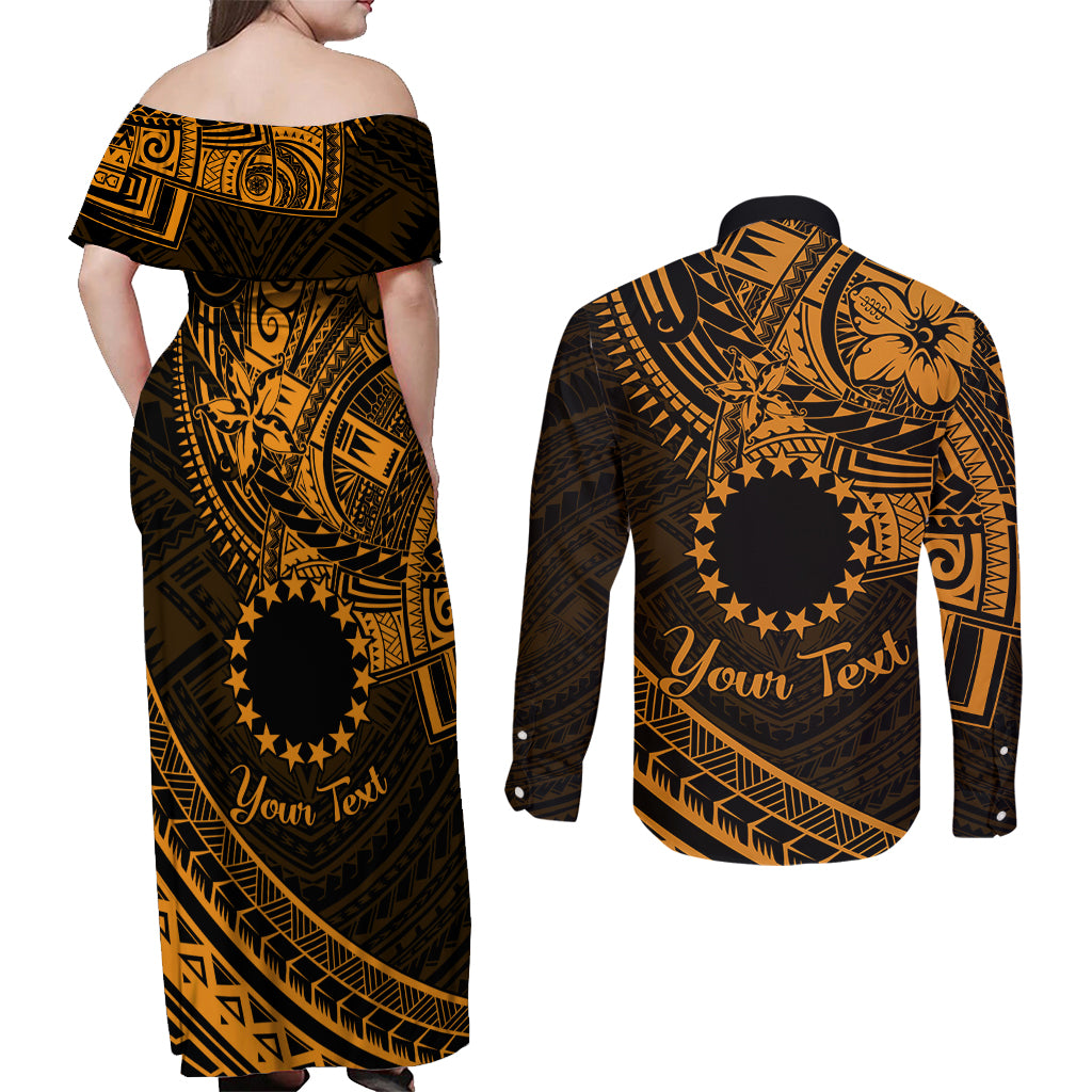 Kia Orana Cook Islands Couples Matching Off Shoulder Maxi Dress and Long Sleeve Button Shirt Circle Stars With Floral Gold Pattern LT01 - Polynesian Pride