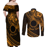 Kia Orana Cook Islands Couples Matching Off Shoulder Maxi Dress and Long Sleeve Button Shirt Circle Stars With Floral Gold Pattern LT01 - Polynesian Pride