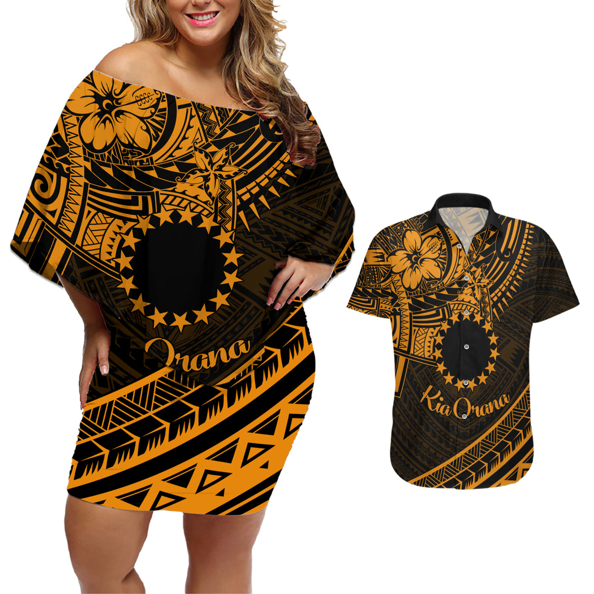 Kia Orana Cook Islands Couples Matching Off Shoulder Short Dress and Hawaiian Shirt Circle Stars With Floral Gold Pattern LT01 Gold - Polynesian Pride