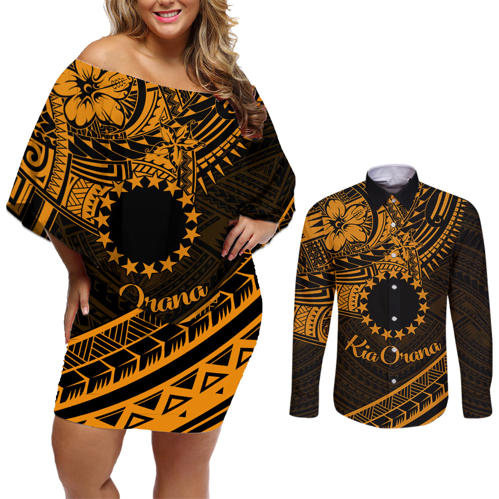 Kia Orana Cook Islands Couples Matching Off Shoulder Short Dress and Long Sleeve Button Shirt Circle Stars With Floral Gold Pattern LT01 Gold - Polynesian Pride