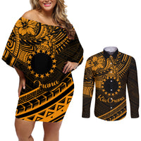 Kia Orana Cook Islands Couples Matching Off Shoulder Short Dress and Long Sleeve Button Shirt Circle Stars With Floral Gold Pattern LT01 Gold - Polynesian Pride
