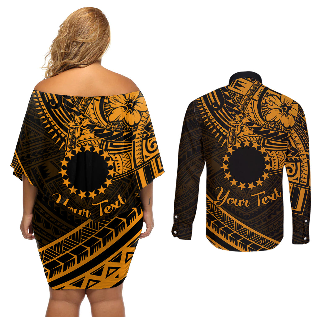 Kia Orana Cook Islands Couples Matching Off Shoulder Short Dress and Long Sleeve Button Shirt Circle Stars With Floral Gold Pattern LT01 - Polynesian Pride