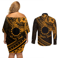 Kia Orana Cook Islands Couples Matching Off Shoulder Short Dress and Long Sleeve Button Shirt Circle Stars With Floral Gold Pattern LT01 - Polynesian Pride