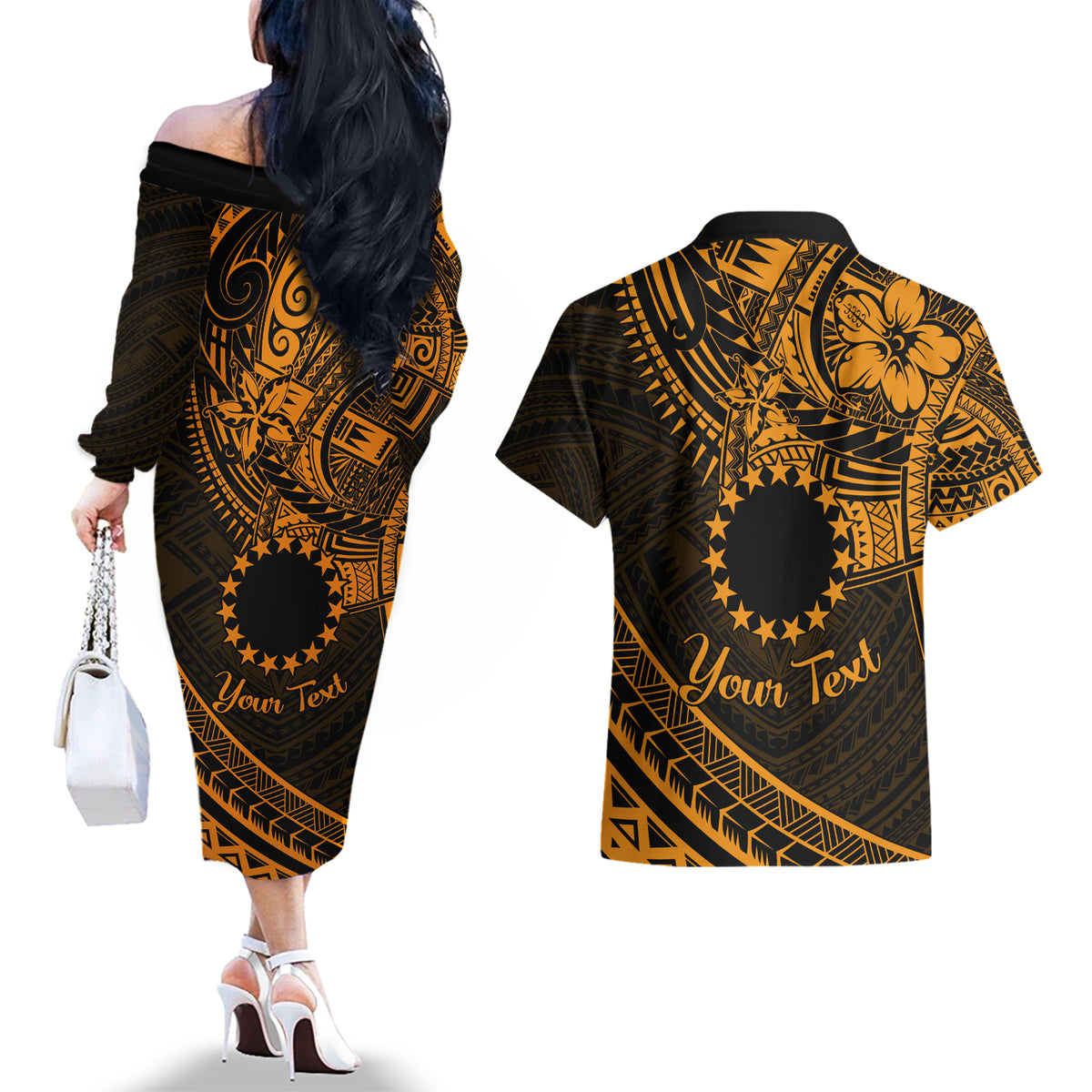 Kia Orana Cook Islands Couples Matching Off The Shoulder Long Sleeve Dress and Hawaiian Shirt Circle Stars With Floral Gold Pattern LT01 - Polynesian Pride