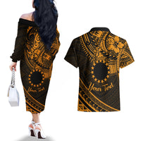 Kia Orana Cook Islands Couples Matching Off The Shoulder Long Sleeve Dress and Hawaiian Shirt Circle Stars With Floral Gold Pattern LT01 - Polynesian Pride