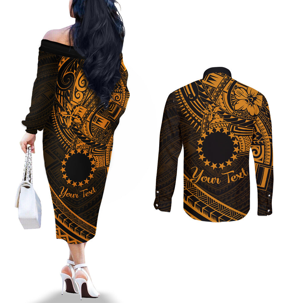 Kia Orana Cook Islands Couples Matching Off The Shoulder Long Sleeve Dress and Long Sleeve Button Shirt Circle Stars With Floral Gold Pattern LT01 - Polynesian Pride