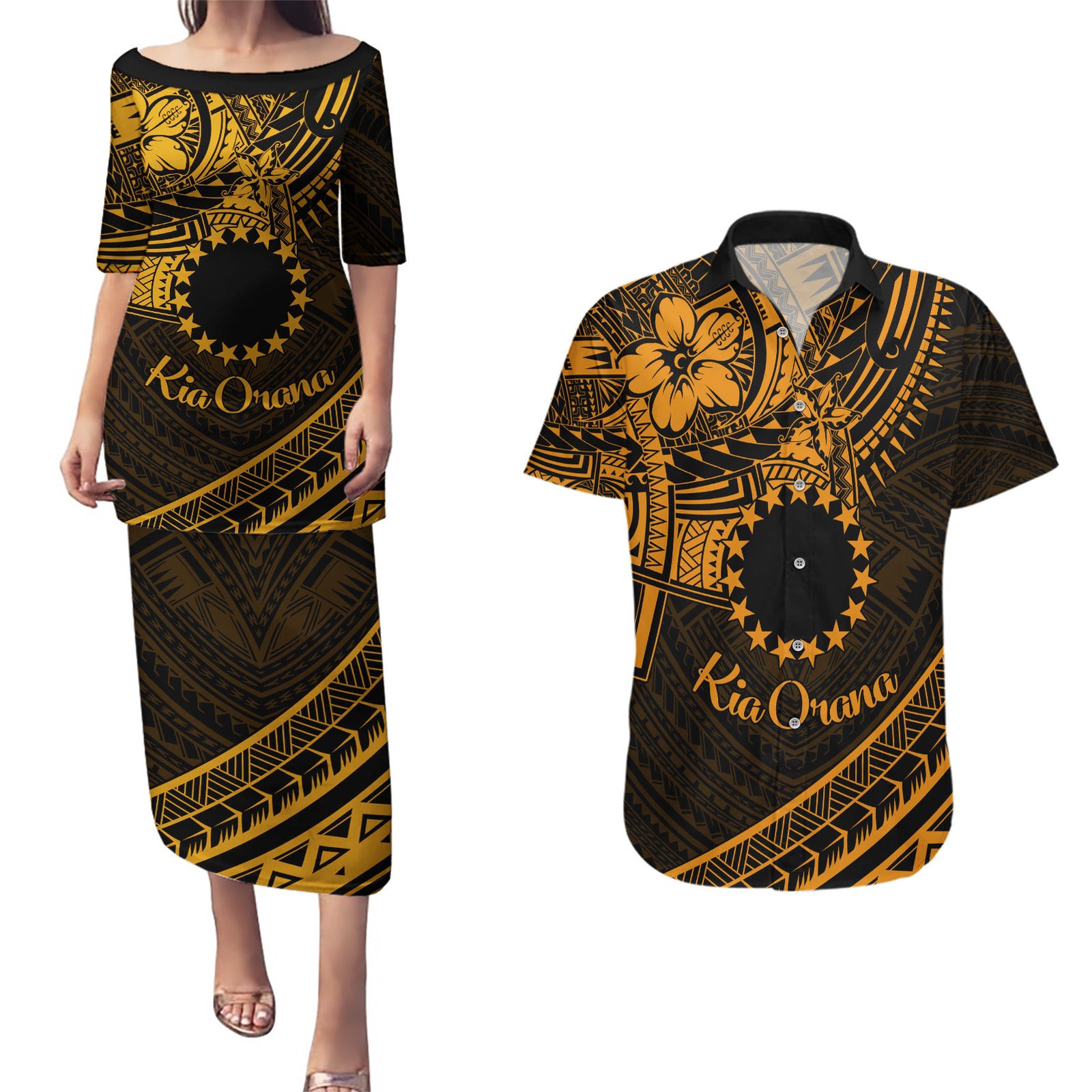 Kia Orana Cook Islands Couples Matching Puletasi Dress and Hawaiian Shirt Circle Stars With Floral Gold Pattern LT01 Gold - Polynesian Pride