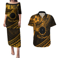 Kia Orana Cook Islands Couples Matching Puletasi Dress and Hawaiian Shirt Circle Stars With Floral Gold Pattern LT01 Gold - Polynesian Pride