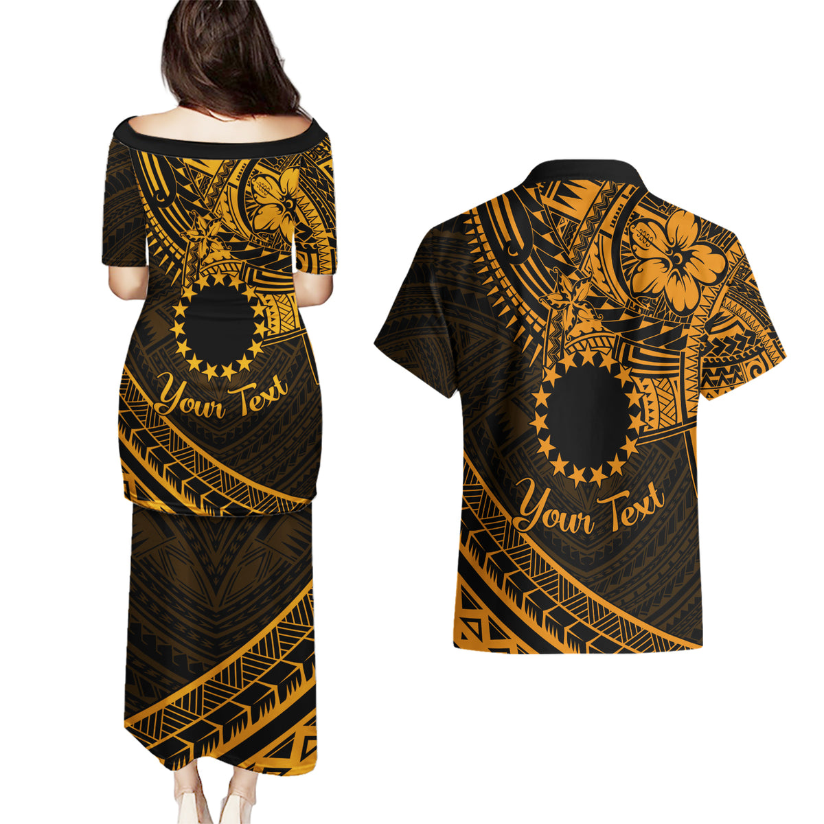 Kia Orana Cook Islands Couples Matching Puletasi Dress and Hawaiian Shirt Circle Stars With Floral Gold Pattern LT01 - Polynesian Pride