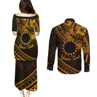 Kia Orana Cook Islands Couples Matching Puletasi Dress and Long Sleeve Button Shirt Circle Stars With Floral Gold Pattern LT01 - Polynesian Pride