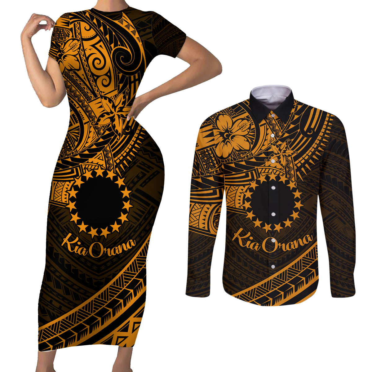 Kia Orana Cook Islands Couples Matching Short Sleeve Bodycon Dress and Long Sleeve Button Shirt Circle Stars With Floral Gold Pattern LT01 Gold - Polynesian Pride