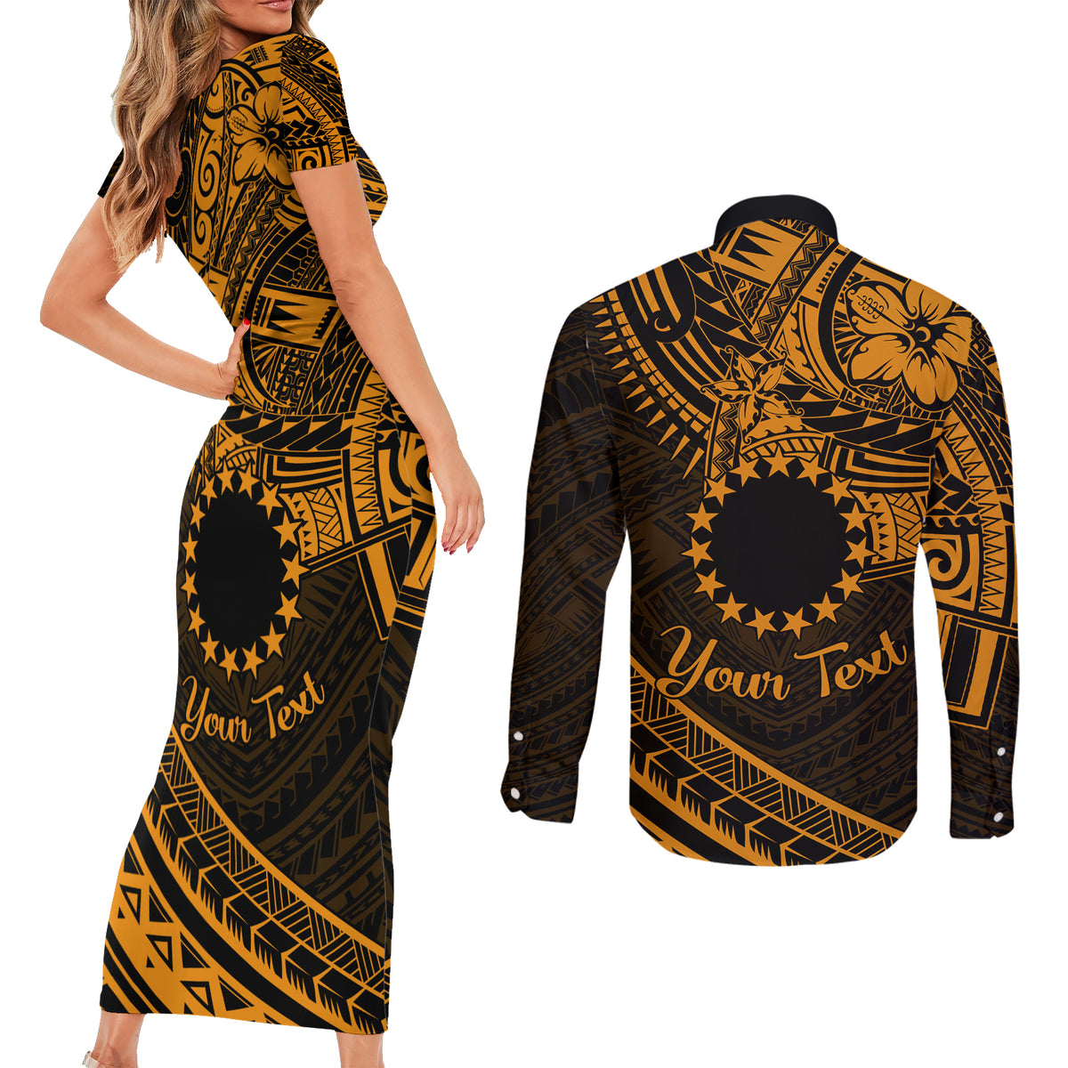 Kia Orana Cook Islands Couples Matching Short Sleeve Bodycon Dress and Long Sleeve Button Shirt Circle Stars With Floral Gold Pattern LT01 - Polynesian Pride