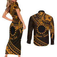 Kia Orana Cook Islands Couples Matching Short Sleeve Bodycon Dress and Long Sleeve Button Shirt Circle Stars With Floral Gold Pattern LT01 - Polynesian Pride
