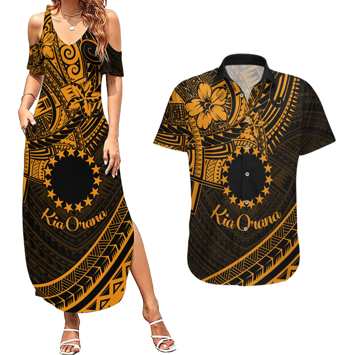 Kia Orana Cook Islands Couples Matching Summer Maxi Dress and Hawaiian Shirt Circle Stars With Floral Gold Pattern LT01 Gold - Polynesian Pride