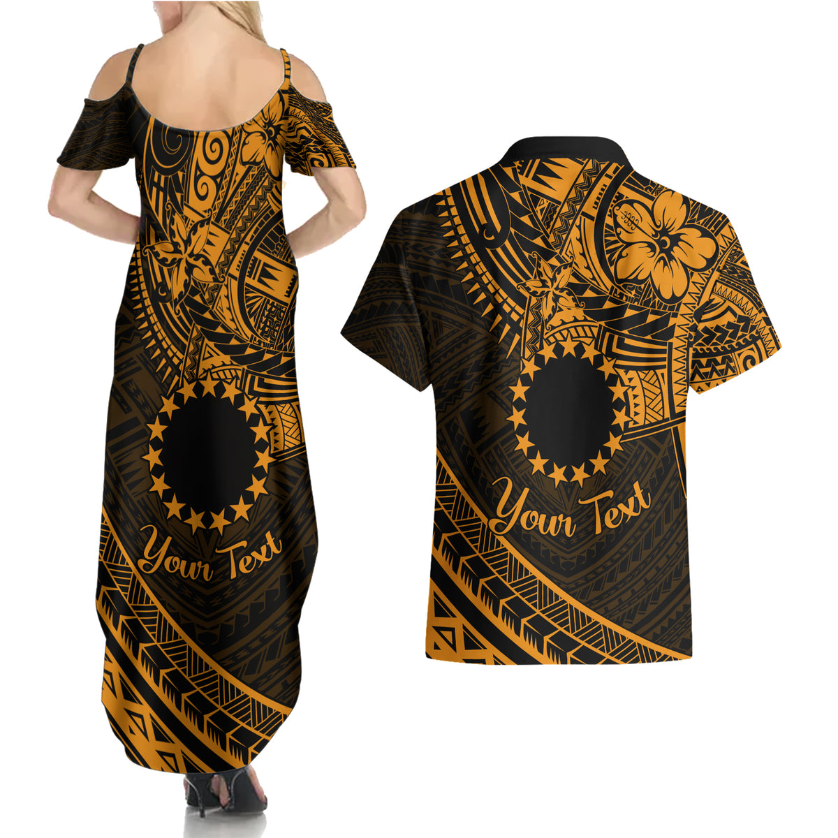 Kia Orana Cook Islands Couples Matching Summer Maxi Dress and Hawaiian Shirt Circle Stars With Floral Gold Pattern LT01 - Polynesian Pride