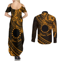 Kia Orana Cook Islands Couples Matching Summer Maxi Dress and Long Sleeve Button Shirt Circle Stars With Floral Gold Pattern LT01 - Polynesian Pride