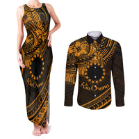 Kia Orana Cook Islands Couples Matching Tank Maxi Dress and Long Sleeve Button Shirt Circle Stars With Floral Gold Pattern LT01 Gold - Polynesian Pride