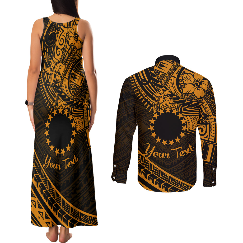 Kia Orana Cook Islands Couples Matching Tank Maxi Dress and Long Sleeve Button Shirt Circle Stars With Floral Gold Pattern LT01 - Polynesian Pride