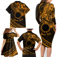 Kia Orana Cook Islands Family Matching Long Sleeve Bodycon Dress and Hawaiian Shirt Circle Stars With Floral Gold Pattern LT01 - Polynesian Pride