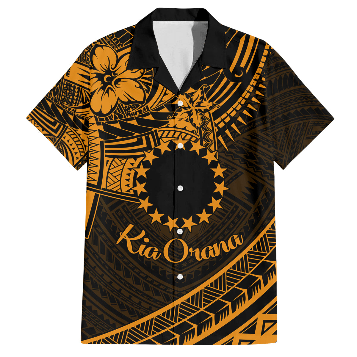 Kia Orana Cook Islands Family Matching Long Sleeve Bodycon Dress and Hawaiian Shirt Circle Stars With Floral Gold Pattern LT01 Dad's Shirt - Short Sleeve Gold - Polynesian Pride