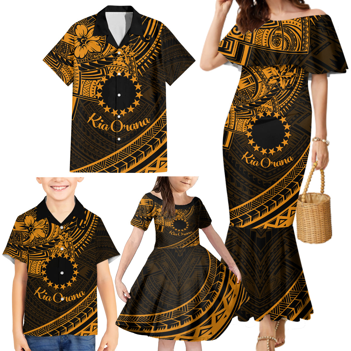 Kia Orana Cook Islands Family Matching Mermaid Dress and Hawaiian Shirt Circle Stars With Floral Gold Pattern LT01 - Polynesian Pride
