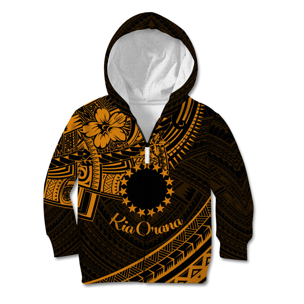 Kia Orana Cook Islands Kid Hoodie Circle Stars With Floral Gold Pattern LT01 Zip Hoodie Gold - Polynesian Pride
