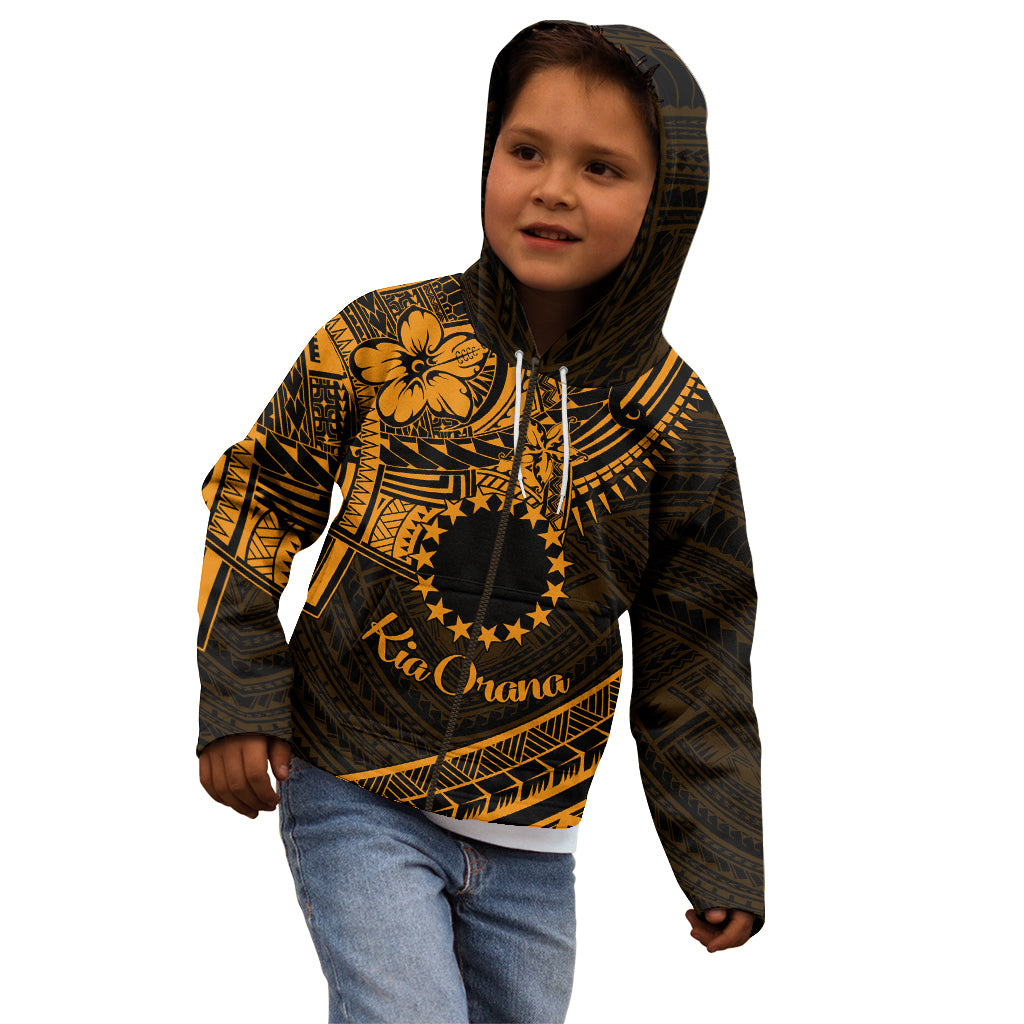 Kia Orana Cook Islands Kid Hoodie Circle Stars With Floral Gold Pattern LT01 - Polynesian Pride