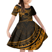 Kia Orana Cook Islands Kid Short Sleeve Dress Circle Stars With Floral Gold Pattern LT01 KID Gold - Polynesian Pride